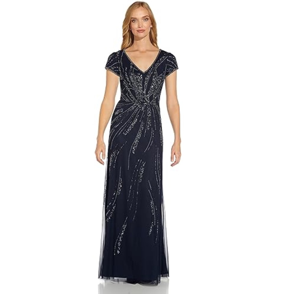 Adrianna Papell Navy Blue Sequin Beaded Cocktail Evening Maxi Dress